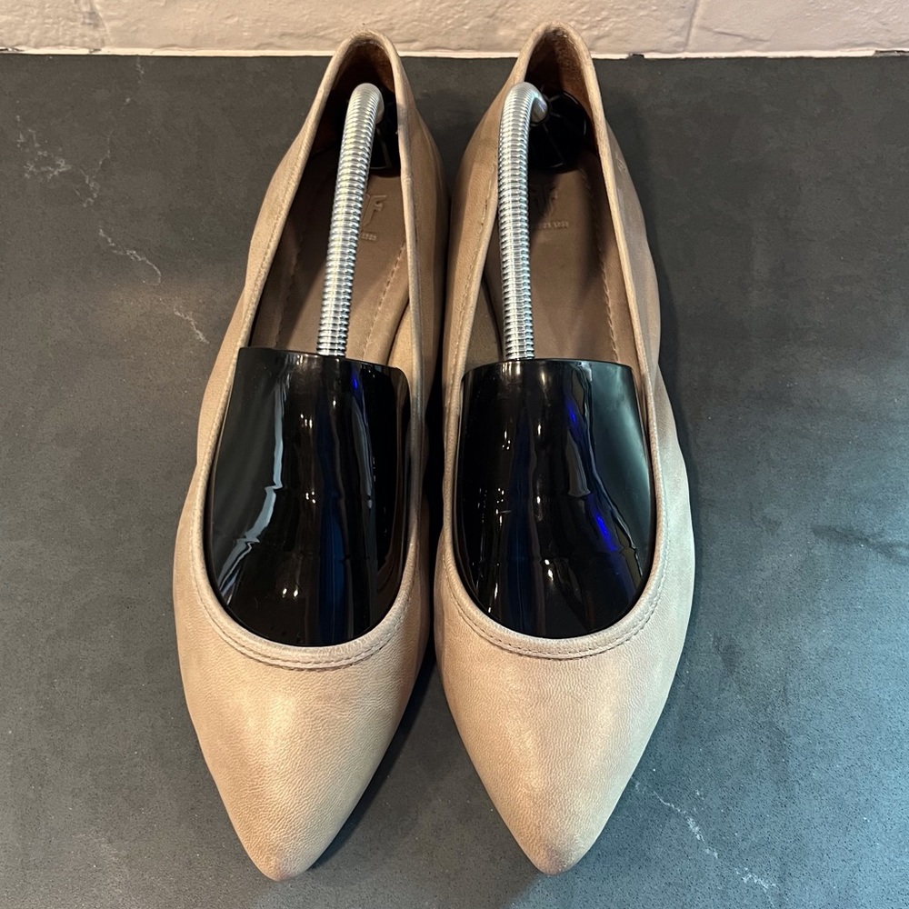 Women’s Taupe Pointed-Toe Flats with Black Patent Accent